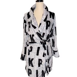PINK Women’s Robe Black Grey Size Medium/Large Short Robe Warm Soft Belted.